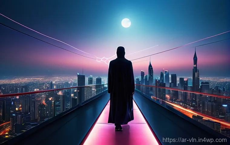 보안 취약점 관리 프로세스의 지속적 개선 - **Digital Vigilance: The Tightrope Walk** A visually stunning, futuristic image depicting a lone...