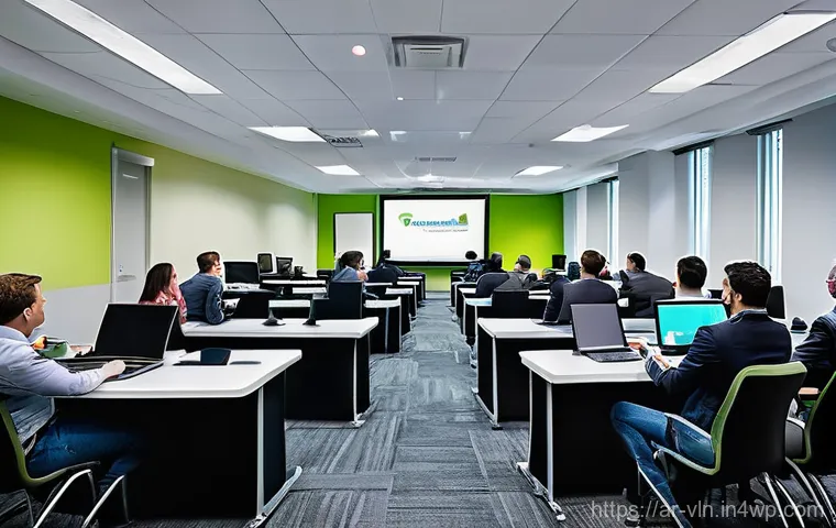 조직 내 보안 인식 제고를 위한 교육 방안 - **Prompt:** A diverse group of office professionals, dressed in smart casual business attire, are ac...