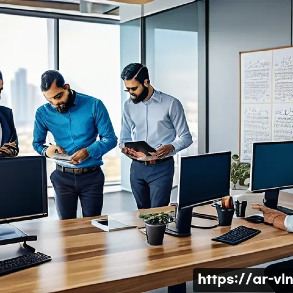 보안 취약점 관리 프로세스 단계별 가이드 - A modern office environment with a diverse team of Middle Eastern professionals collaborating on cyb...