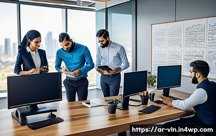 보안 취약점 관리 프로세스 단계별 가이드 - A modern office environment with a diverse team of Middle Eastern professionals collaborating on cyb...