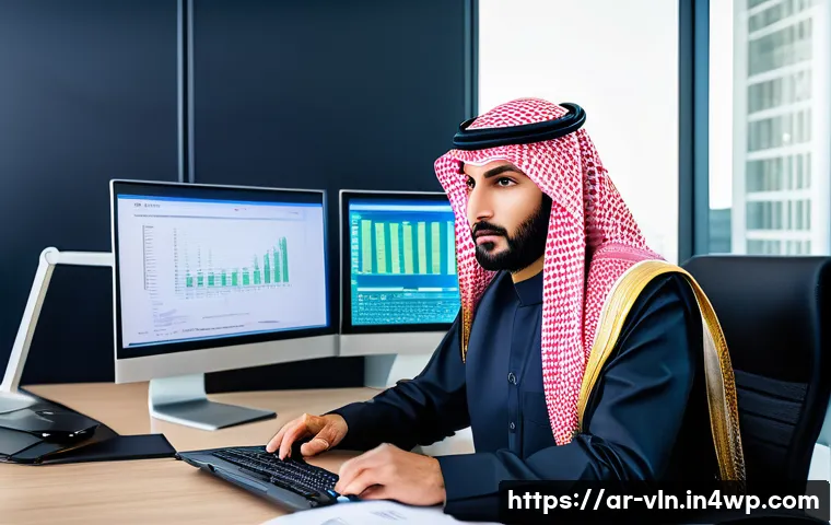 보안 취약점 리포트 작성 및 활용법 - A professional cybersecurity analyst in a modern Middle Eastern office, deeply focused on a high-res...