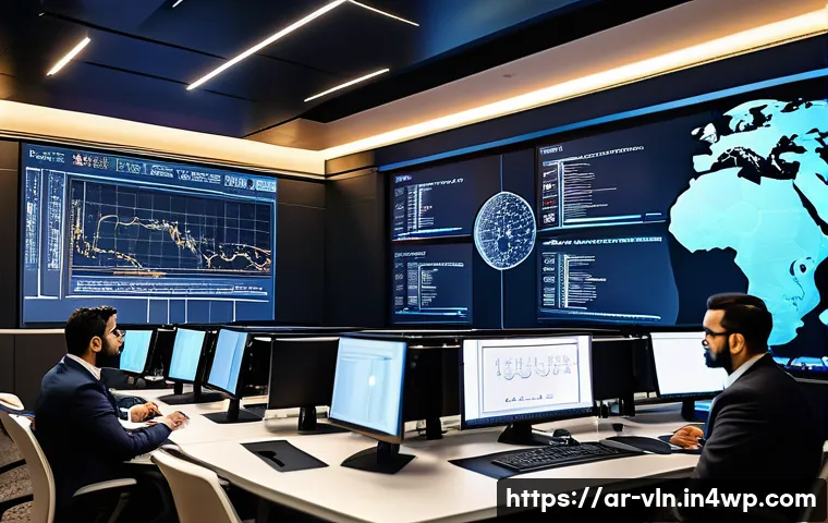 보안 취약점 관리에 대한 업계 동향 분석 - A high-tech cybersecurity operations center with diverse Arab IT professionals collaborating intense...