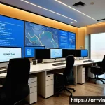 Home 20 정기적인 보안 취약점 점검의 중요성 - A modern cybersecurity operations center set in a sleek office with Arabic calligraphy art on the wa...