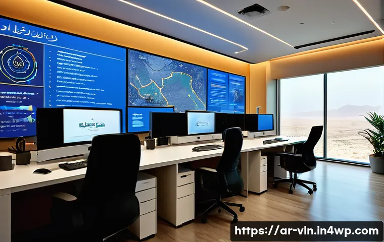 정기적인 보안 취약점 점검의 중요성 - A modern cybersecurity operations center set in a sleek office with Arabic calligraphy art on the wa...