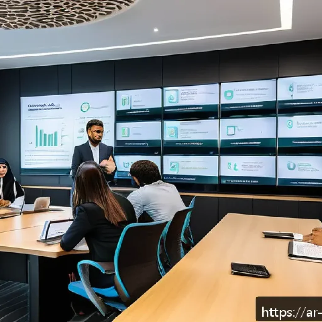 조직 내 보안 취약점 관리의 장애물 극복 - A modern corporate training room in a Middle Eastern office setting with diverse Arab employees atte...