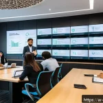 Home 19 조직 내 보안 취약점 관리의 장애물 극복 - A modern corporate training room in a Middle Eastern office setting with diverse Arab employees atte...