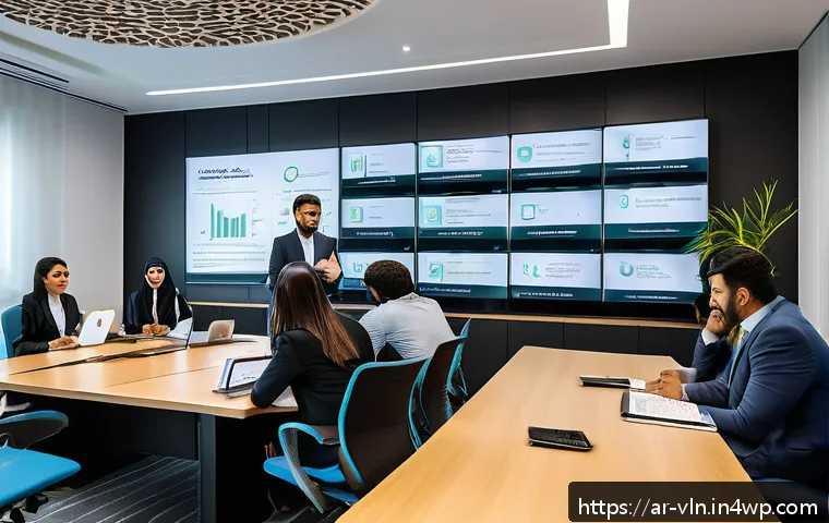 조직 내 보안 취약점 관리의 장애물 극복 - A modern corporate training room in a Middle Eastern office setting with diverse Arab employees atte...