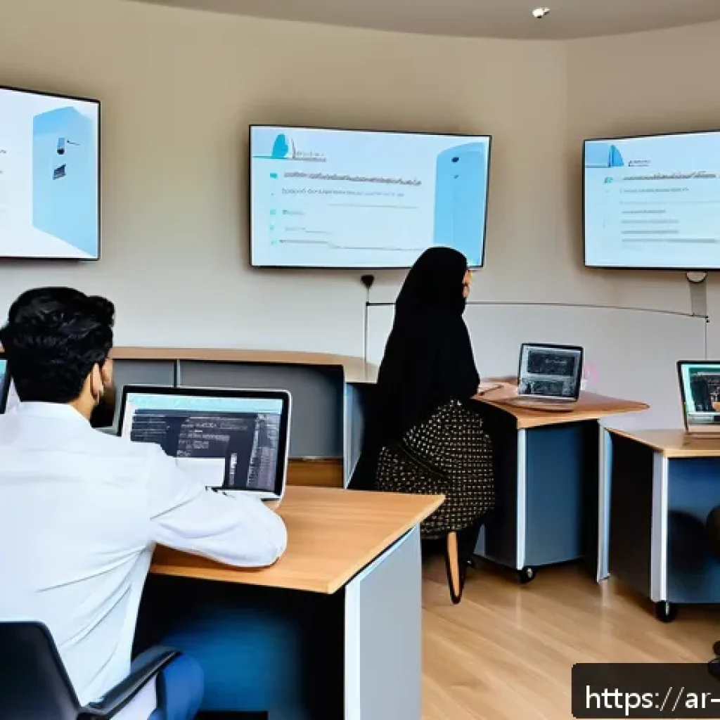 보안 취약점 통합 관리 시스템 구축 - A modern corporate training room in a Middle Eastern office setting, featuring diverse Arabic-speaki...