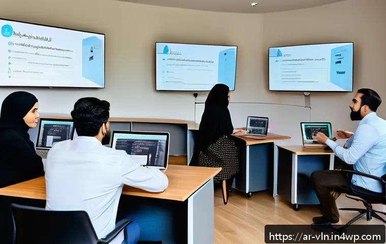 보안 취약점 통합 관리 시스템 구축 - A modern corporate training room in a Middle Eastern office setting, featuring diverse Arabic-speaki...