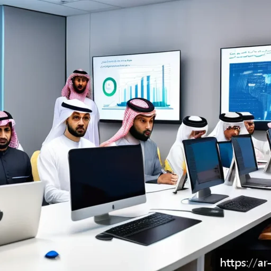 비즈니스 리스크와 보안 취약점 관리의 상관관계 - A modern office environment in Riyadh with a diverse group of professional Arab employees participat...