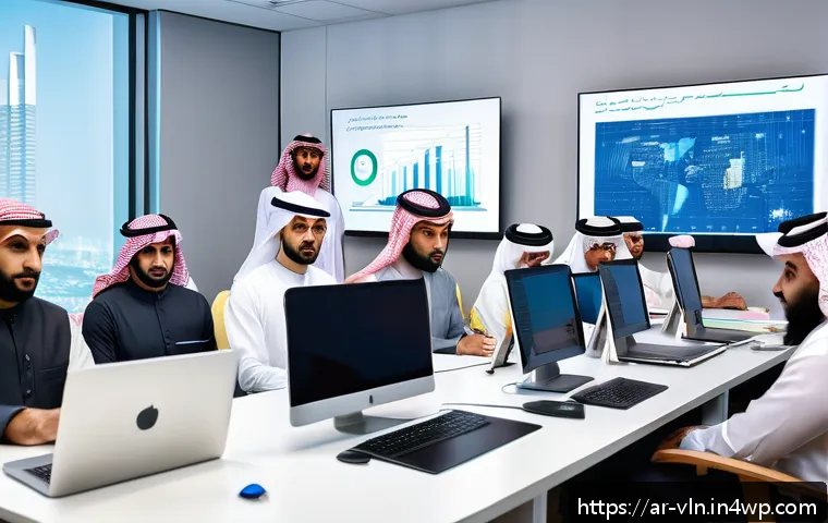 비즈니스 리스크와 보안 취약점 관리의 상관관계 - A modern office environment in Riyadh with a diverse group of professional Arab employees participat...